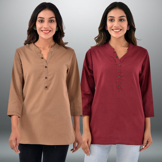 Pack Of 2 Womens Regular Fit Wine And Brown Three Fourth Sleeve Cotton Tops Combo