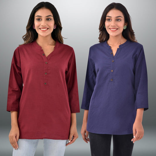 Pack Of 2 Womens Regular Fit Wine And Navy Blue Three Fourth Sleeve Cotton Tops Combo