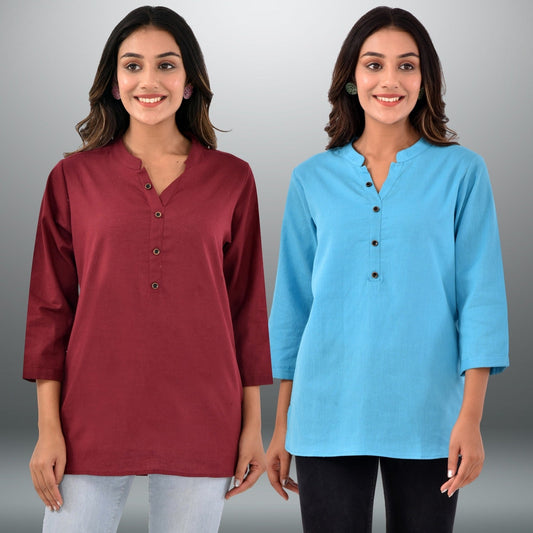 Pack Of 2 Womens Regular Fit Wine And Turquoise Three Fourth Sleeve Cotton Tops Combo