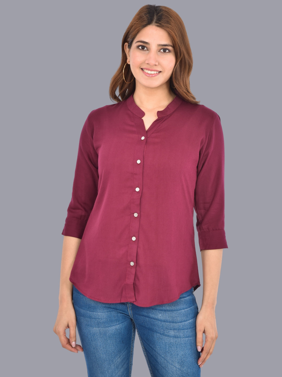 Pack Of 2 Womens Solid Dark Blue and Wine Rayon Chinese Collar Shirts Combo