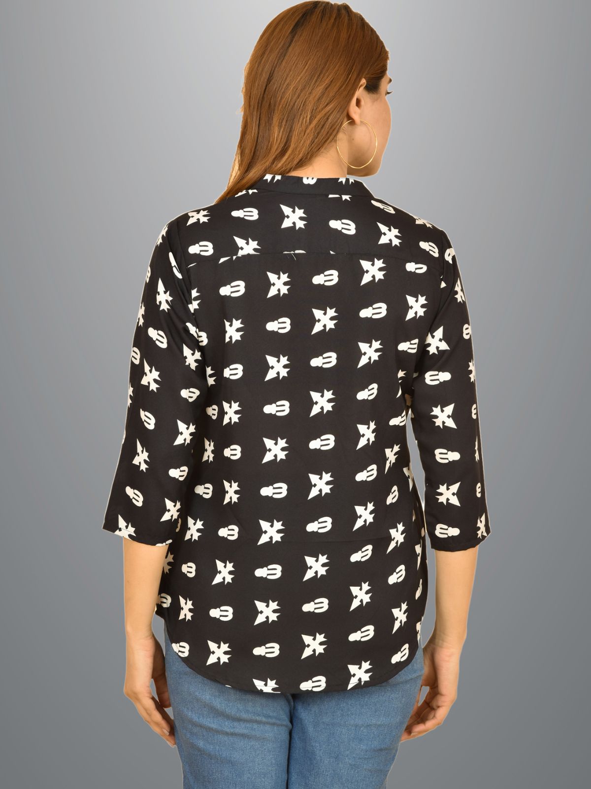 Womens Black Printed Three Fourth Sleeve Crepe Top