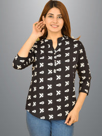 Womens Black Printed Three Fourth Sleeve Crepe Top