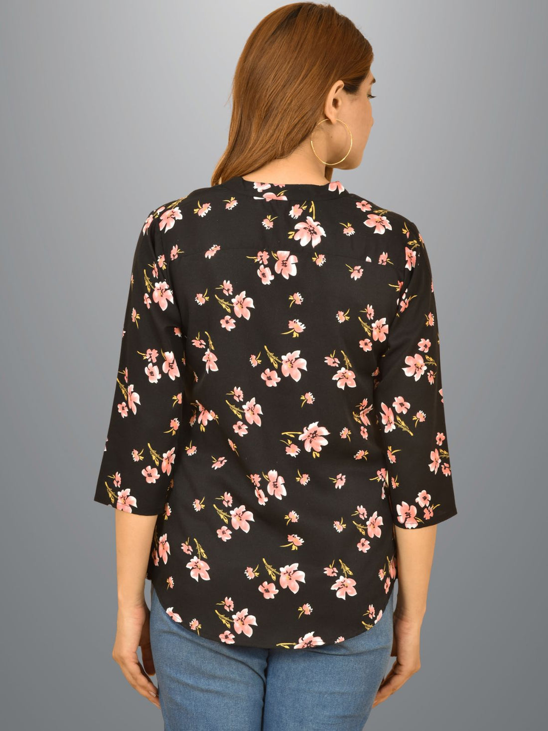 Womens Black Floral Printed Three Fourth Sleeve Crepe Top