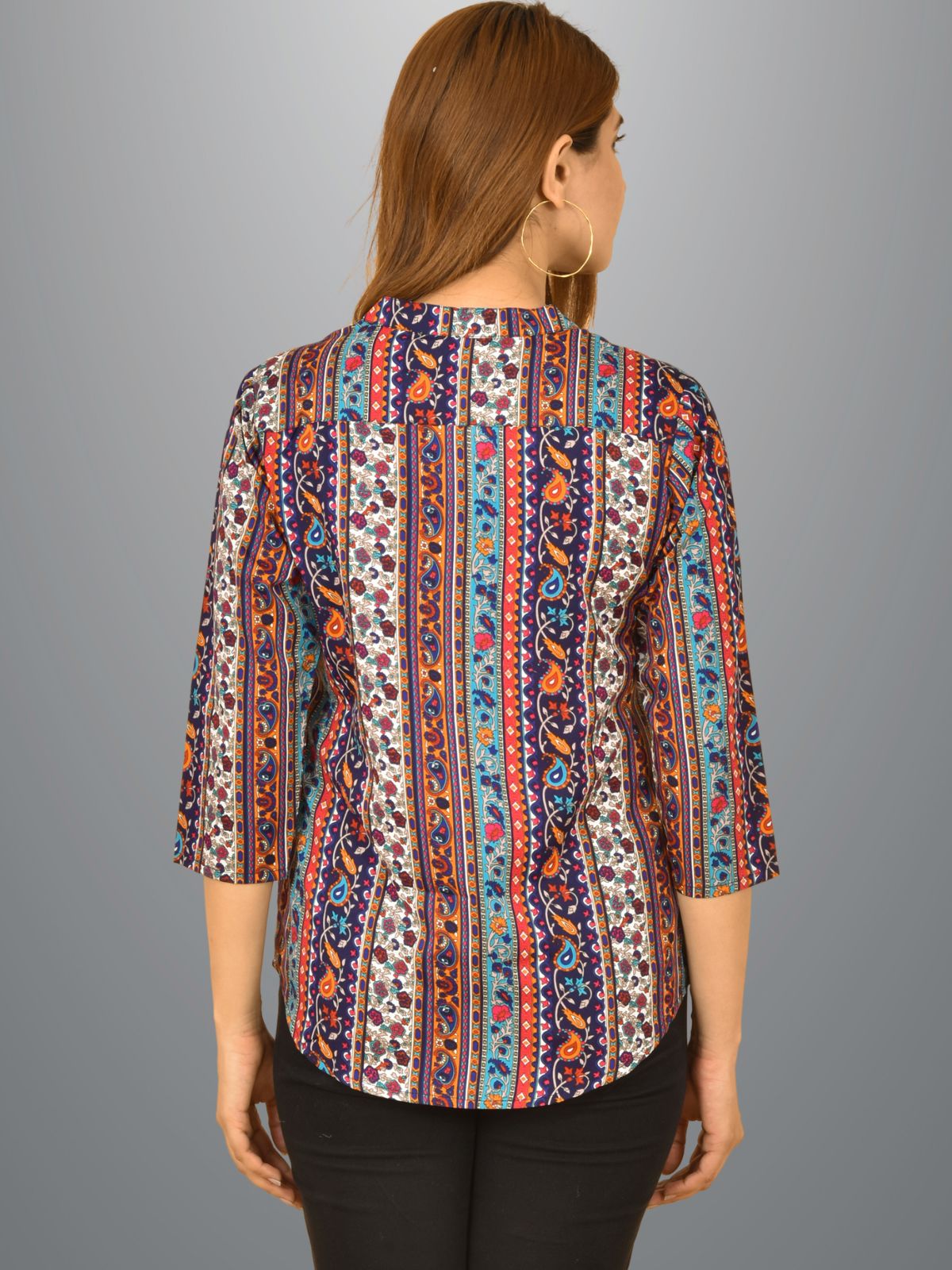 Womens Multicolour Designs Printed Three Fourth Sleeve Crepe Top