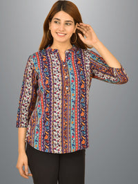 Womens Multicolour Designs Printed Three Fourth Sleeve Crepe Top