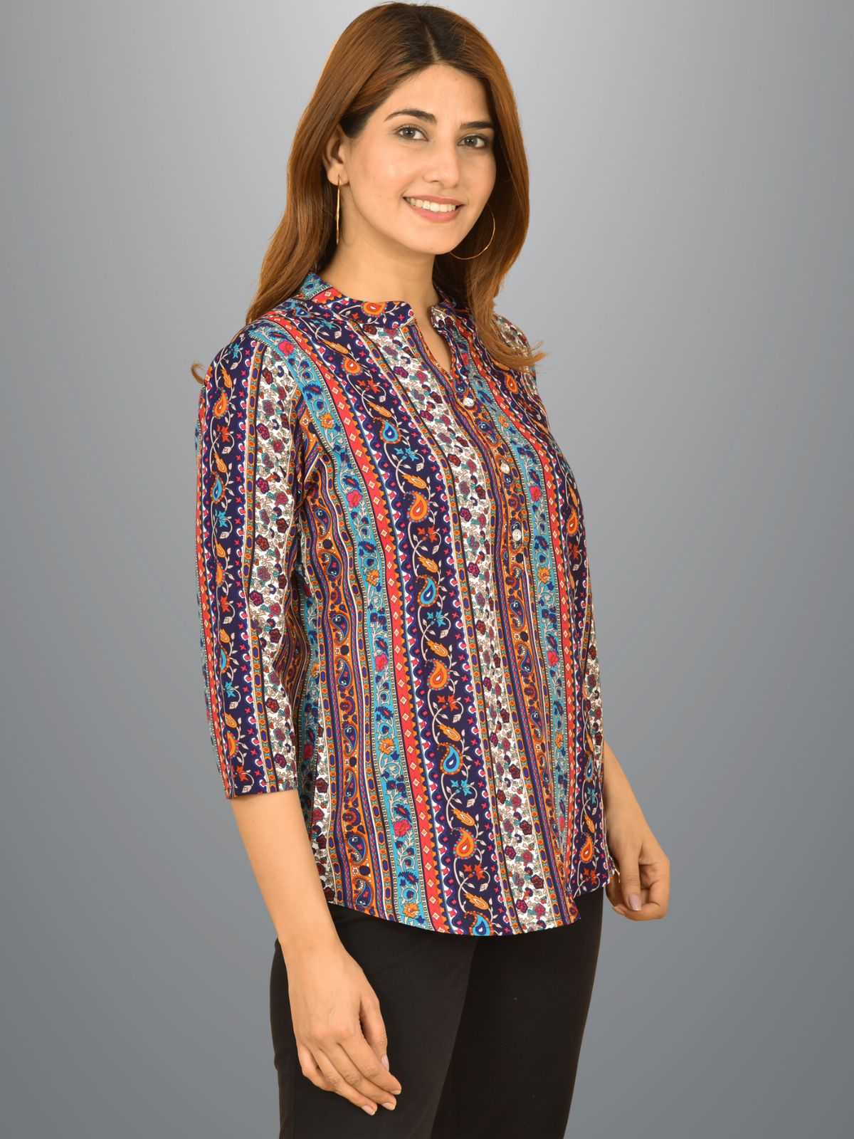 Womens Multicolour Designs Printed Three Fourth Sleeve Crepe Top