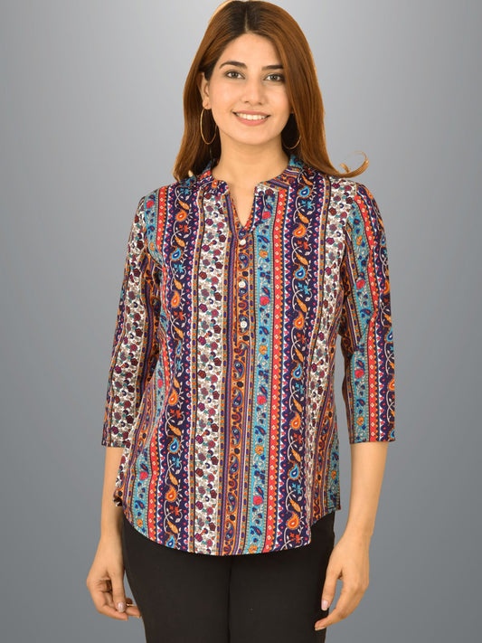 Womens Multicolour Designs Printed Three Fourth Sleeve Crepe Top