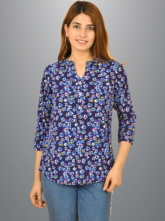 Womens Blue Floral Printed Three Fourth Sleeve Crepe Top