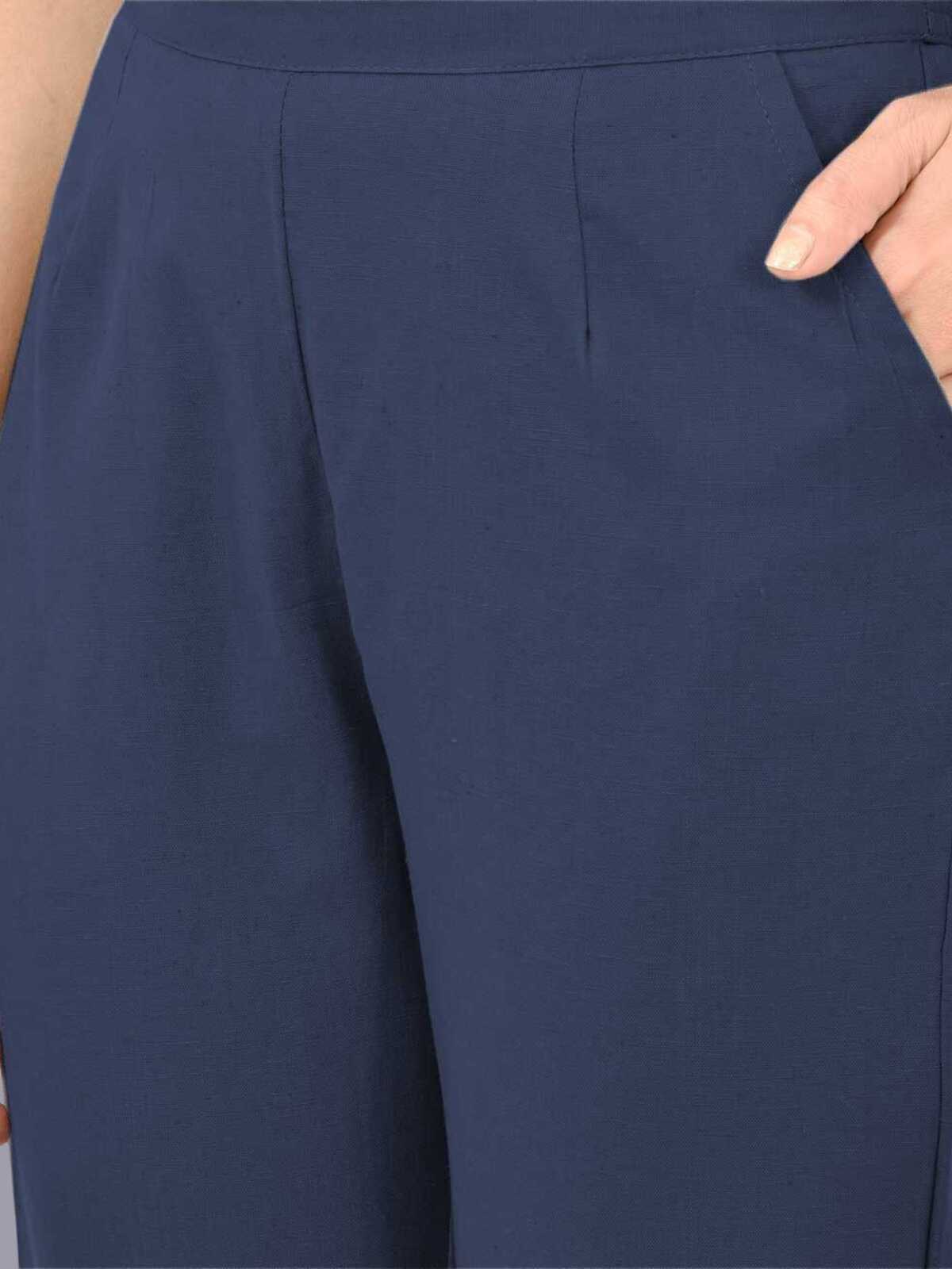 Women Regular Fit Navy Blue Cotton Trouser