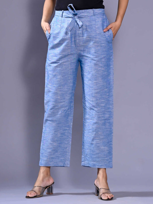 QuaClo Denim Blue Linen Slub Women Regular Fit Cotton Trouser