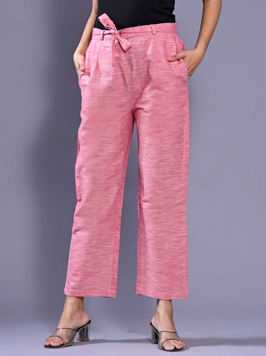 QuaClo Pink Linen Slub Women Regular Fit Cotton Trouser